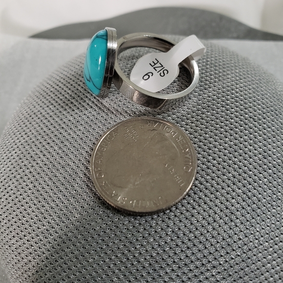 Blue Turquoise Stainless Steel Silver Ring - Picture 2 of 3